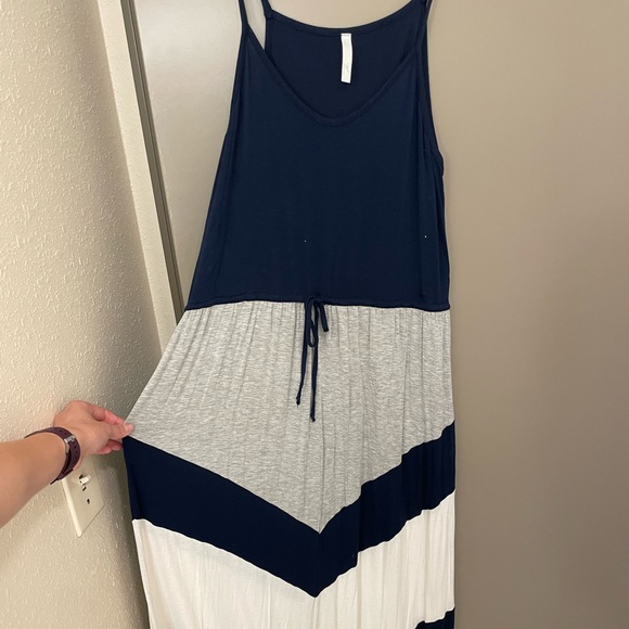 Navy, Grey, and White Chevron Jersey Maxi Dress  (Extra Length/Tall) - Picture 4 of 5
